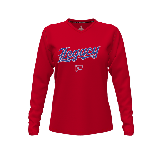 [CUS-DFW-TEES-PER-VNK-LSL-RED-FYXS-LOGO1] Performance T-Shirt (Female Youth XS, Red, V Neck, Logo 1, Long Sleeve)