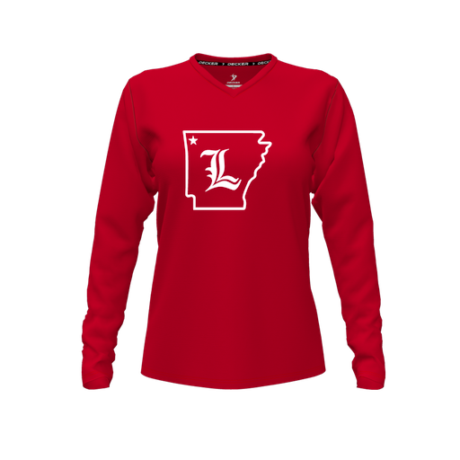 [FTLVPTRD-FYXS-LOGO3] Decker Performance T-Shirt (Female Youth XS, Red, V Neck, Logo 3, Long Sleeve)