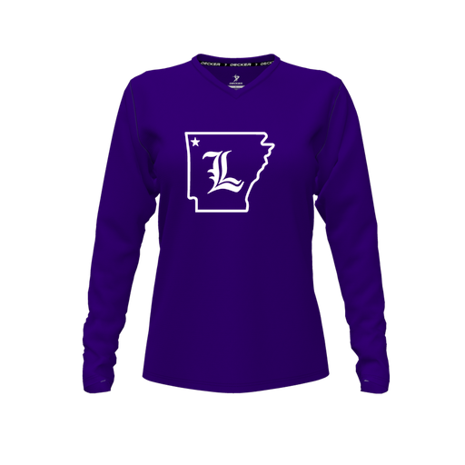 [CUS-DFW-TEES-PER-VNK-LSL-PUR-FYXS-LOGO3] Performance T-Shirt (Female Youth XS, Purple, V Neck, Logo 3, Long Sleeve)